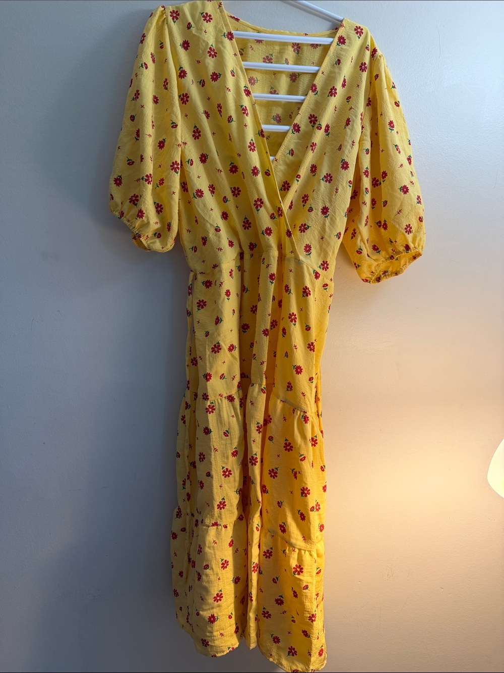 Yellow Floral Tiered Midi Dress with Puff Sleeves